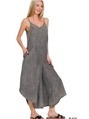 Zenana Acid-Washed Lyocell Wide Leg Lounge Jumpsuit in Black, Size Large